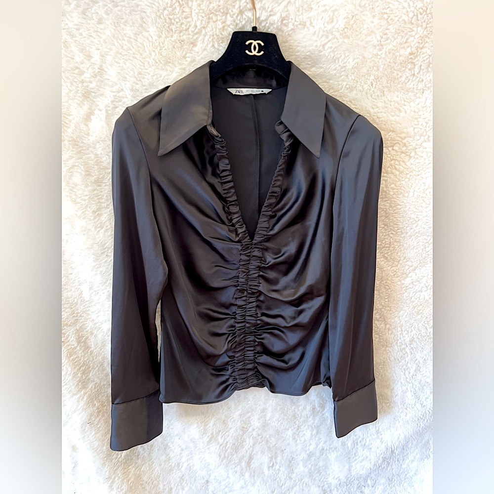 ZARA Women Black Button Up Blouse Size L